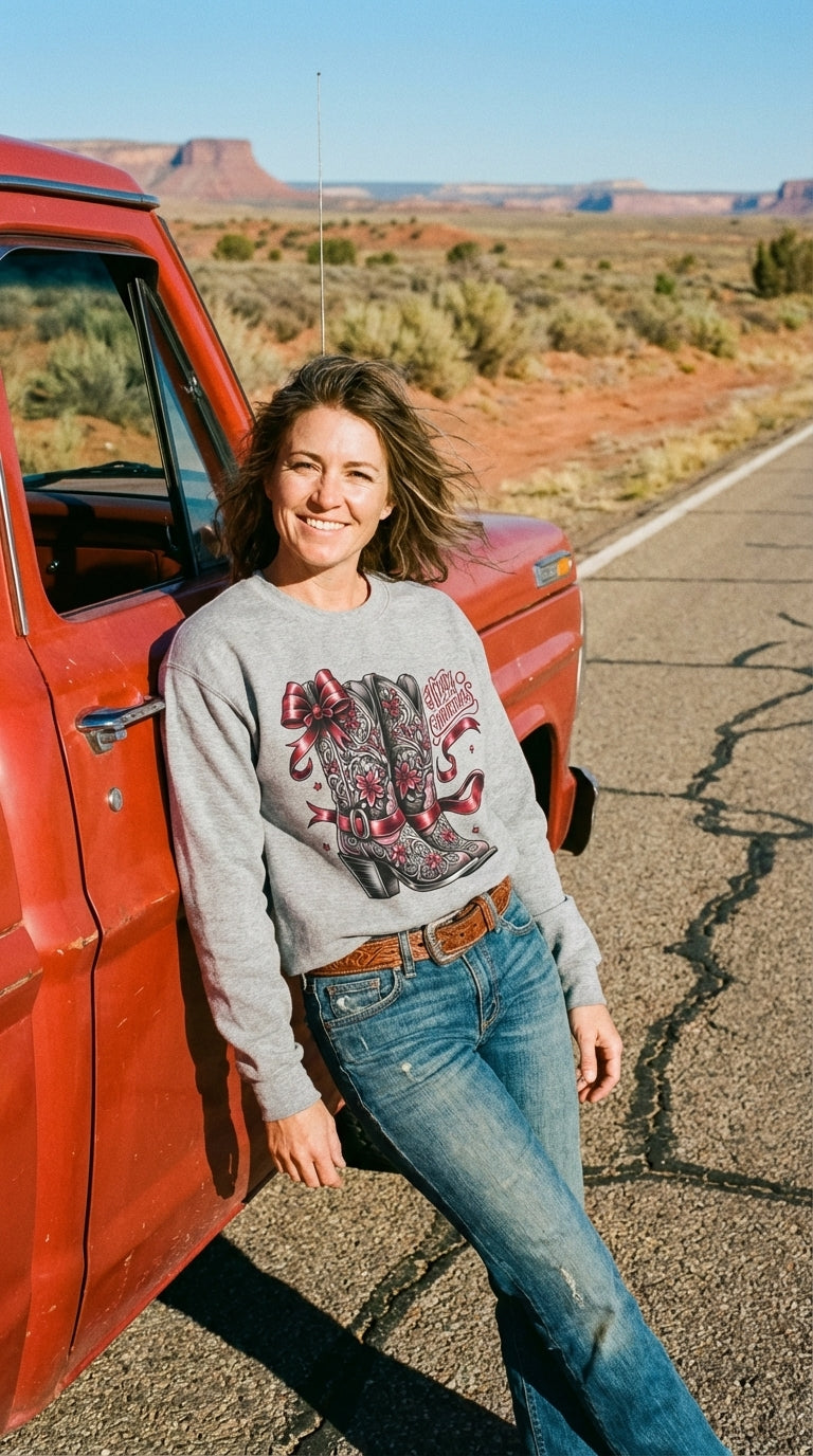 Classy Design Cowgirl Christmas Boots on T-Shirt or Sweatshirt