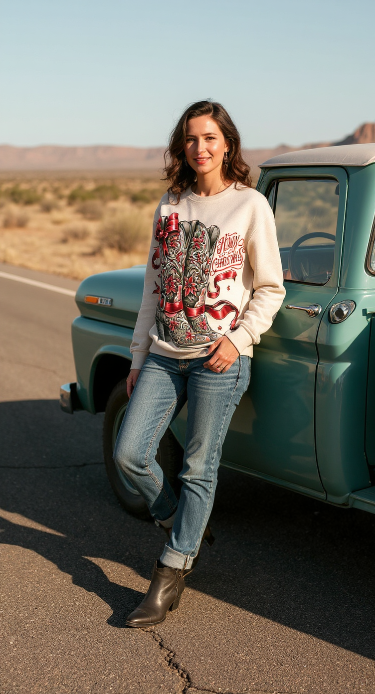 Classy Design Cowgirl Christmas Boots on T-Shirt or Sweatshirt