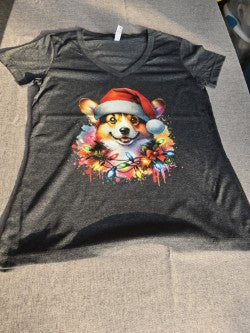 Dark Heather Grey V-Neck OUTLASH WEAR With Christmas Dog Design