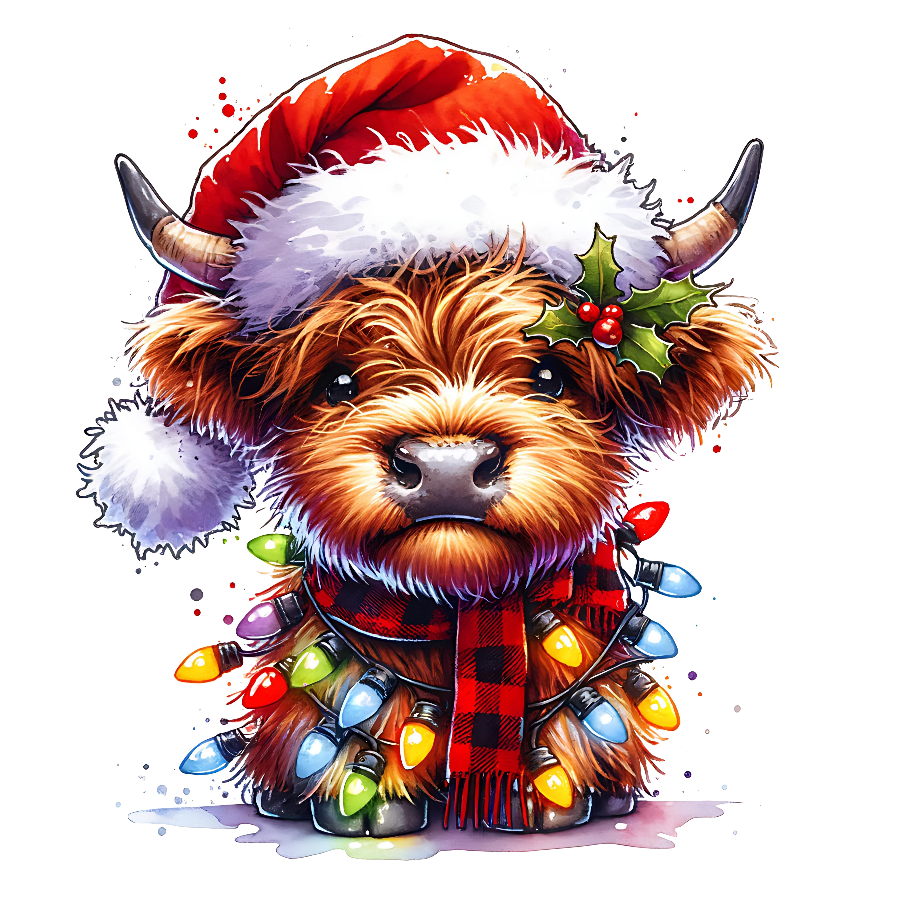 Highland Cow in Santa Hat