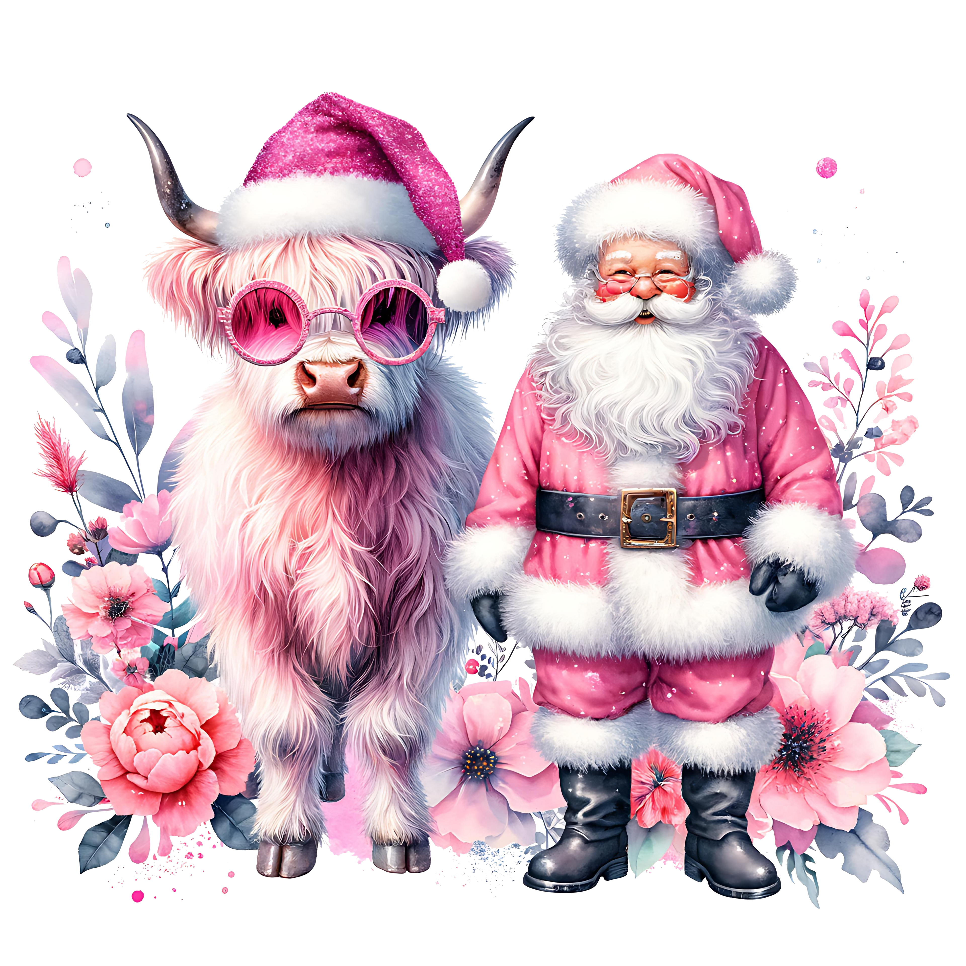 Pink Highland Cow with Santa: Christmas