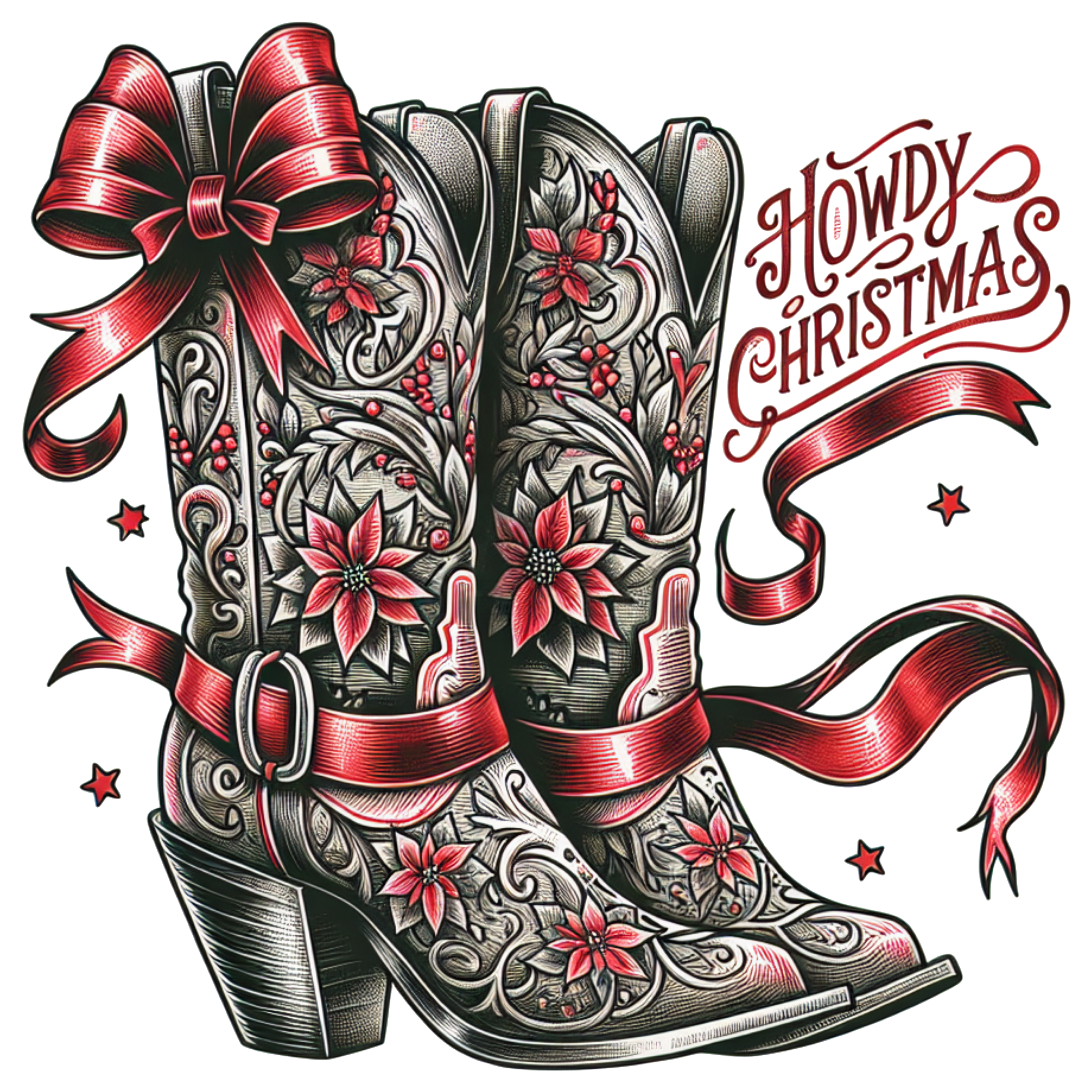 Classy Design Cowgirl Christmas Boots on T-Shirt or Sweatshirt
