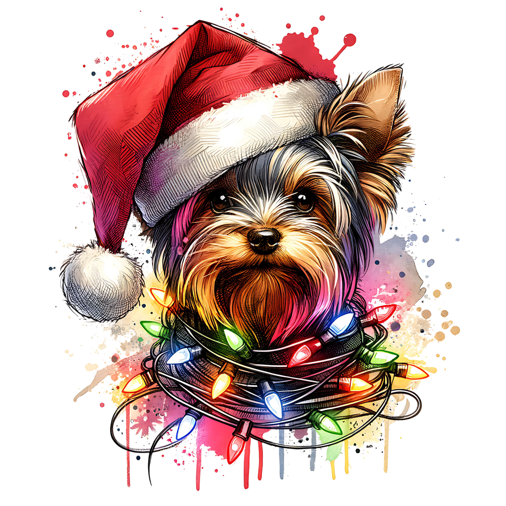 Yorkie w/ lights and Santa Hat