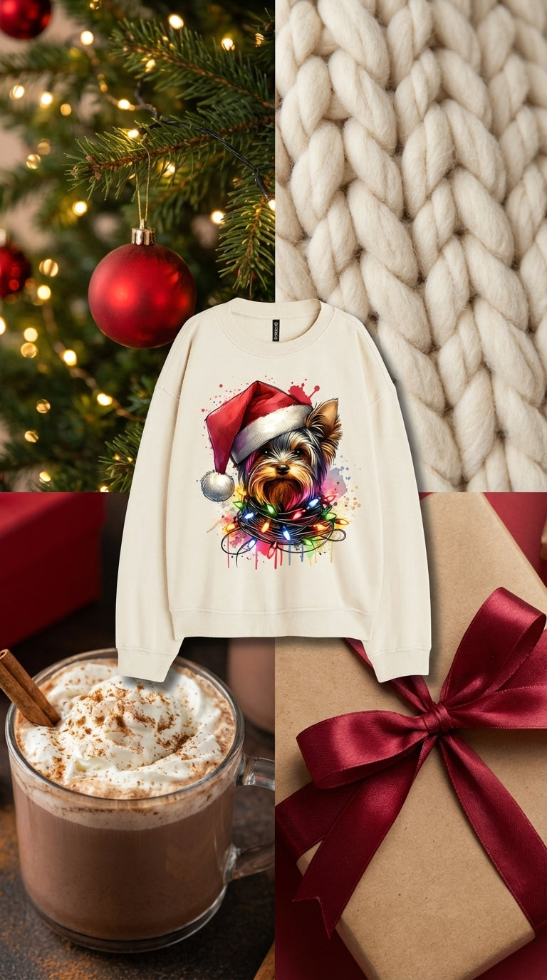 Yorkie w/ lights and Santa Hat